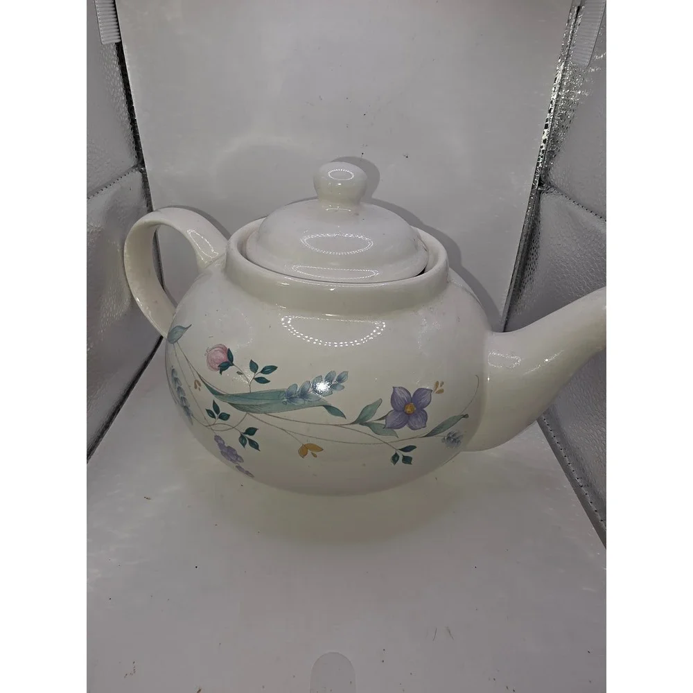 Vintage Floral Ceramic Teapot Cream with Purple and Pink Flowers Cottagecore